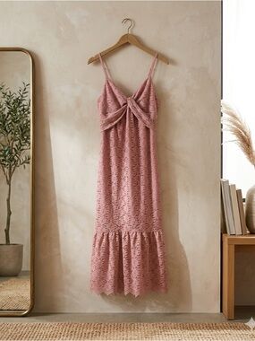 NSR Pink Floral Lace Midi Dress Twist Front Column Medium NWT